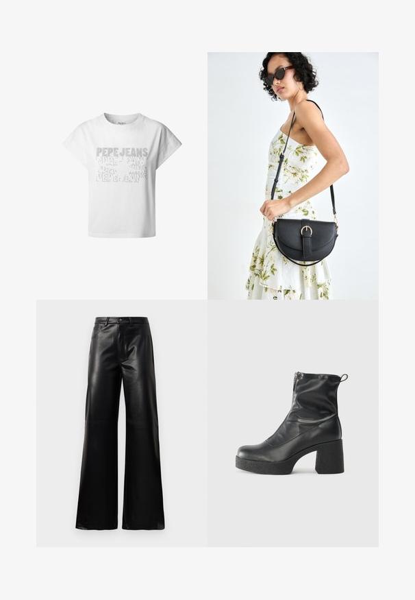 Valge puuvillane lühikeste varrukatega T-särk, millel on vajunud õlad ja tekstuuriga trükk brändi nime "Pepe Jeans" erinevates suurustes.; Mustad talje laiad jalad kunstnahast püksid esipaneeli nööbi ja lukuga, vöödega ja küljetaskutega valge tausta peal.; Mustad mustad ansapüksid, mis on valmistatud siledast nahast, külje zipperiga, paksu tekstuuriga kontsaga ja ümmarguse nina disainiga.; Mustmust mustraha kõverate joontega, eemaldatava rihmaga ja kuldsete detailidega. Kotil on klapp, millel on pandladetail.