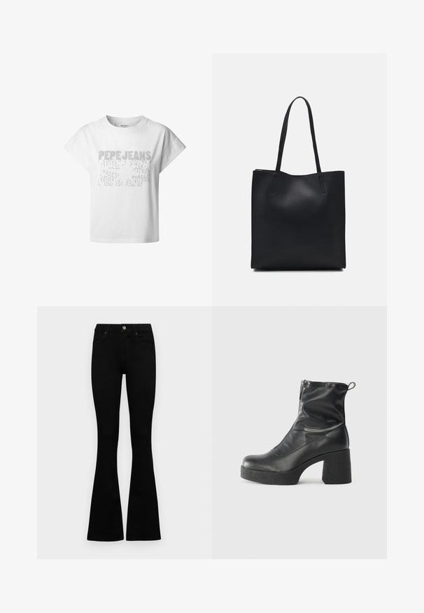 White cotton cropped t-shirt with dropped shoulders, featuring textured print of the brand name "Pepe Jeans" in various sizes.; Black high-waist jeans with a button and zip closure, front pockets, and flared legs laid flat on a white background.; Black ankle boots made of smooth leather, featuring a side zipper, chunky textured heel, and rounded toe design.; Black leather tote bag with smooth texture, rectangular shape, and two long handles. No visible hardware or embellishments.