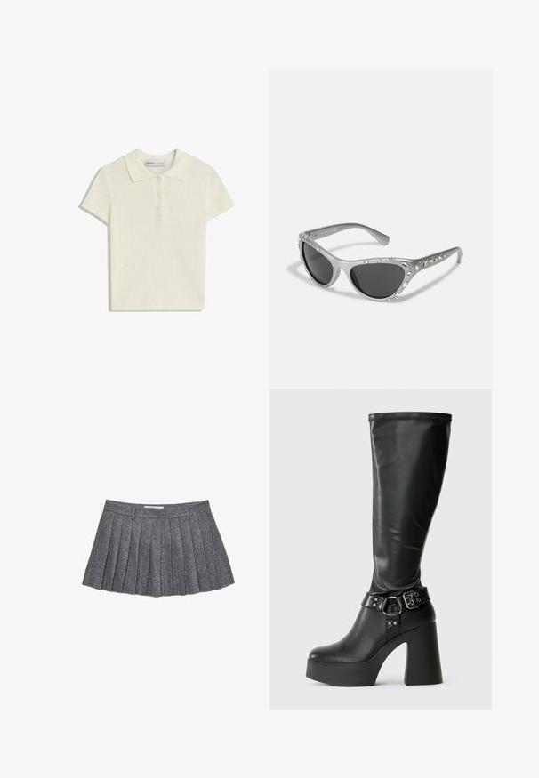 Polo tričko s krátkým rukávem v krémové texturované tkanině, s klasickým límcem a lištou na tři knoflíky. Jednoduchý design bez vzorů.; Šedá plisovaná sukně vyrobená z texturované látky. Obsahuje dobře padnoucí pas a více vertikálních plisů, což vytváří strukturovanou siluetu.; Černé vysoké platformové boty do kolen s lesklým povrchem, vyznačující se širokým blokovým podpatkem a připínací páskem u kotníku.; Stříbrné sluneční brýle ve tvaru kočičích očí s tmavými skly, ozdobené jasnými drahokamy podél obruby. Matný povrch s zakřiveným designem nožiček.; Černá měsíčková kabelka s barevným květinovým potiskem a uzlovými rukojeťmi, která má malé kovové logo v pravém dolním rohu.