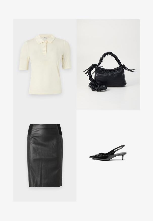 Short-sleeve polo shirt in light yellow, featuring a classic collar and three-button placket. Smooth texture with a fitted design.; Black leather pencil skirt with a fitted design, smooth texture, and elastic waistband accents on both sides. Flat hem at the bottom.; Black leather slingback heels with a pointed toe, low kitten heel, and gathered detail on the vamp. Smooth texture and minimalist design.; Black faux leather handbag with a crocodile texture, cinched top, and a scrunched strap. Appears soft and compact in design.