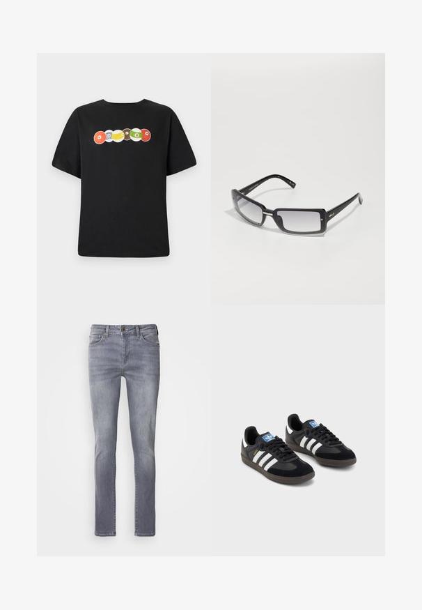 Black t-shirt with a crew neck, featuring a multi-colored graphic of billiard balls and the word "VOLCOM" across the chest.; Light grey denim jeans with a straight cut, featuring five pockets, brass button closure, and subtle fading on the legs.; Black sneakers with a suede and synthetic upper, featuring three white stripes, textured rubber sole, and blue logo tag on the tongue.; Black rectangular sunglasses with a gradient lens, featuring a thick frame and metal accent details on the arms. Smooth texture throughout.