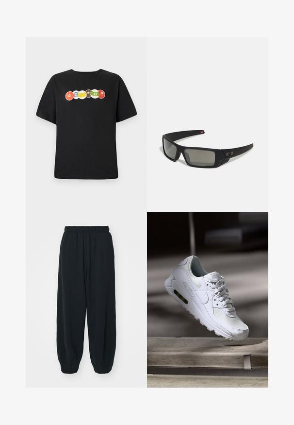 Black t-shirt with a crew neck, featuring a multi-colored graphic of billiard balls and the word "VOLCOM" across the chest.; Black, elasticated-waist sweatpants with a loose fit, cuffed ankles, smooth texture, and no visible patterns or hardware accents.; White Nike Air Max 90 sneaker featuring a mesh and leather upper, perforated toe box, and a visible air unit in the heel.; Black sunglasses with a matte finish, rectangular lenses, slight curve on temples, subtle logo detail, and smoke-tinted lenses.