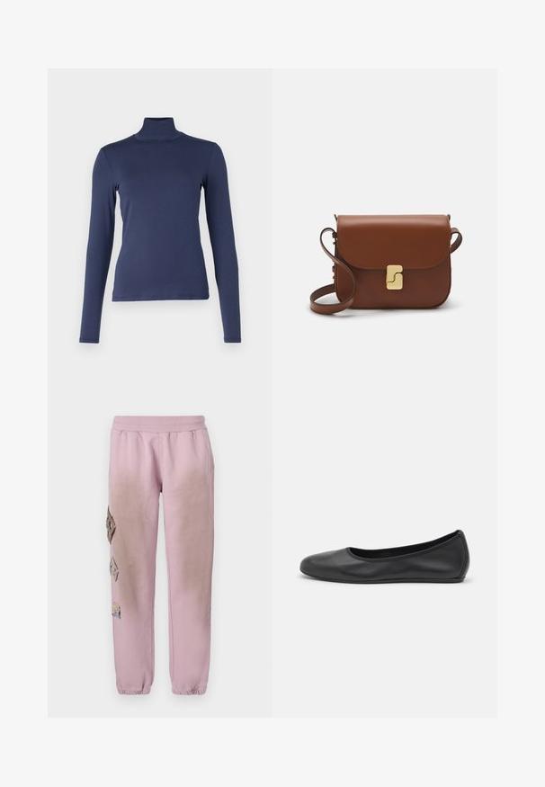 WEEKEND MaxMara MULTIF - Maglietta a manica lunga - blu; Pantaloni della tuta rosa con vita elastica, caratterizzati da toppe decorative a forma di diamante sul lato sinistro e polsini elastici alle caviglie.; Pantofole da balletto nere in pelle con punta arrotondata, texture liscia, dettagli di cucitura minimi e design con suola flessibile.; Borsa a tracolla in pelle marrone con chiusura a pattina, hardware color oro, tracolla e una finitura liscia. Forma rettangolare compatta.