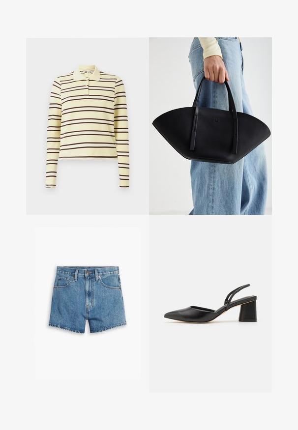 Langsleeve polo shirt in geel met horizontale bruine en witte strepen, met een klassieke kraag en een drieknops sluiting.; Lichtblauwe denimshorts met vijf zakken, een ritssluiting en een knoopsluiting. De zoom is rafelig en heeft een ontspannen pasvorm.; Zwarte puntschoen met slingback, gemaakt van soepel leer, met een lage blokhak en dunne banden aan de achterkant voor een veilige pasvorm.; Zwarte leren handtas met een unieke waaier vorm, voorzien van platte handvatten. Het oppervlak heeft een gewelfde textuur en een minimalistisch ontwerp.
