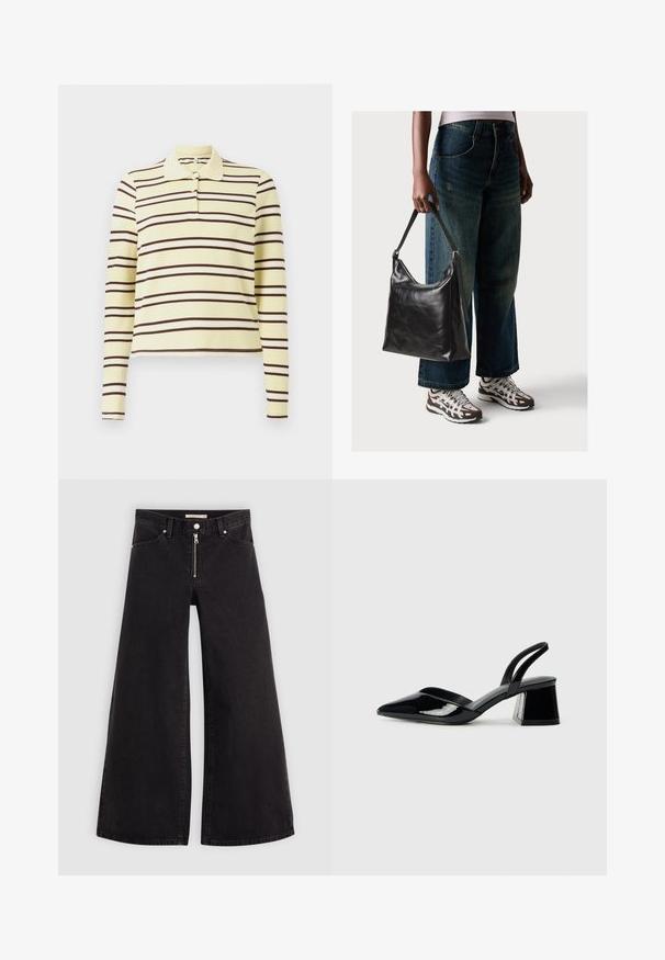 Hosszú ujjú sárga pólóing vízszintes barna és fehér csíkokkal, klasszikus gallérral és három gombból álló felső részzel.; Fekete denim széles szárú farmer, cipzáros elejével, öt zsebes kialakítással és diszkrét varrással. Sima textúra és laza stílus.; Fekete lakk bőr szandálkés magas sarkú cipő, hegyes orral és geometrikus tömbsarkakkal. Karcsú, minimalista dizájn és sima textúra jellemzi.; Fekete bőr válltáska sima textúrával és állítható pánttal, melyet elnyűtt, bő szárú farmernadrággal és sportcipőkkel párosítottak.