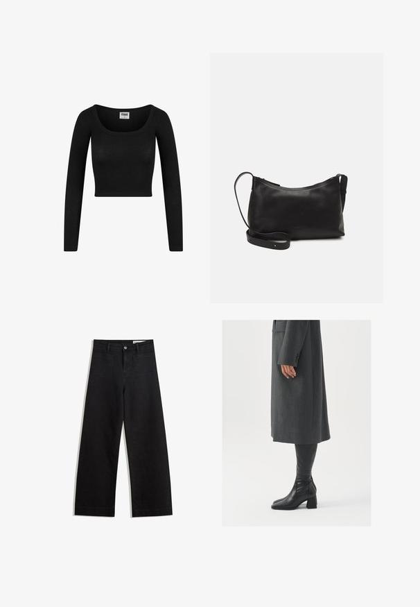 Black long-sleeve cropped top with a scoop neckline, made from ribbed fabric. Features a fitted silhouette and soft texture.; Black wide-leg denim pants with a high waist, featuring front and back pockets, stitched seams, and a button closure. Smooth texture.; Gray, tailored overcoat with a straight cut; paired with knee-high black leather boots featuring a square toe and chunky heel.; Black leather shoulder bag with a smooth texture, curved shape, adjustable strap, and a zip closure. Minimalist design without embellishments.
