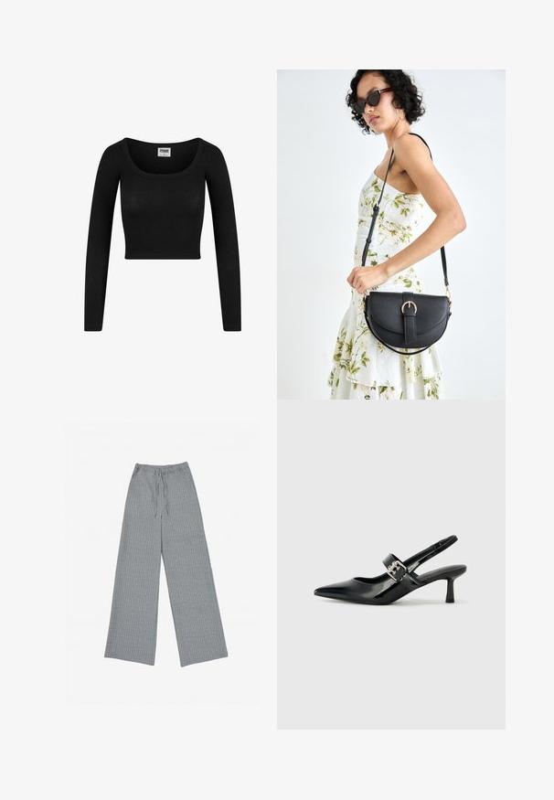 Mustar pikkade varrukatega lühike topp, millel on ümar kaelus, valmistatud soonikust kangast. Omab vormitatud siluetti ja pehmet tekstuuri.; Halli laiad püksid, mis on valmistatud tekstureeritud kangast, millel on peen vertikaalne triipude muster, elastse vöökoha ja nööriga.; Mustad patenteeritud nahast sildiga kontsad, millel on terav nina ja väike plokk-konts, mille rihmal on hõbedane pandla aksessuaar.; Mustmust mustraha kõverate joontega, eemaldatava rihmaga ja kuldsete detailidega. Kotil on klapp, millel on pandladetail.