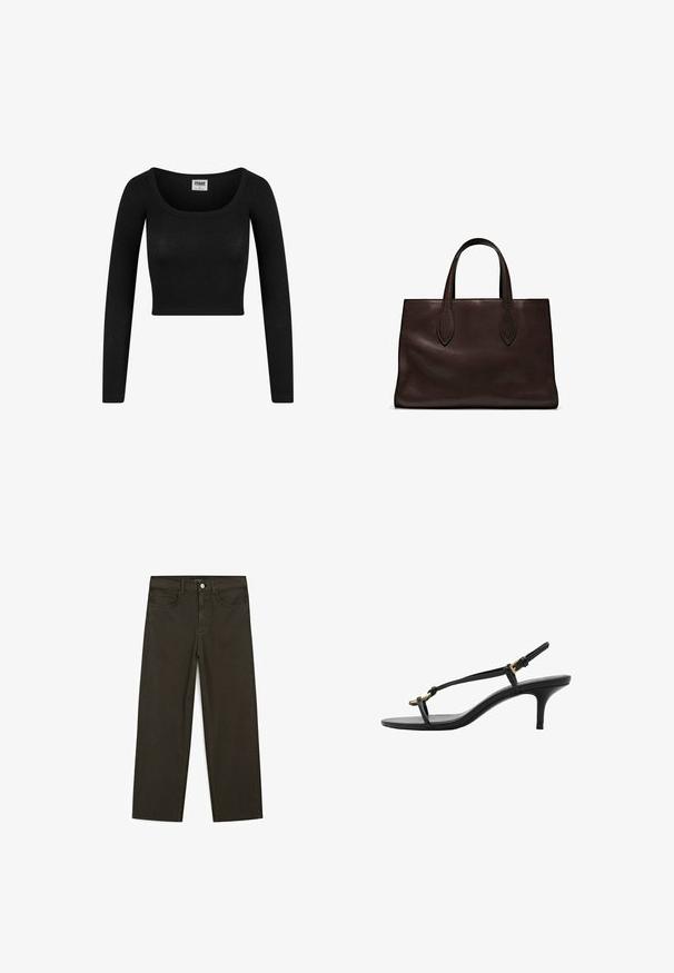 Schwarzes langärmliges Cropped-Top mit einem runden Ausschnitt, aus geripptem Stoff gefertigt. Hat eine figurbetonte Silhouette und eine weiche Textur.; Dunkelgrüne Jeans im weit geschnittenen Style, hergestellt aus einem Baumwollgemisch. Sie verfügen über einen Frontknopfverschluss, fünf Taschen und klassische Denim-Nähte.; Schwarze Leder-Kitten-Heel-Sandale mit dünnen Riemen, goldener Schnalle und minimalistischer Zehen-Schlaufe vor einem weißen Hintergrund.; Braune Ledertasche mit zwei langen Griffen, strukturierte rechteckige Form, glatte Textur und dezente Nähdetails.