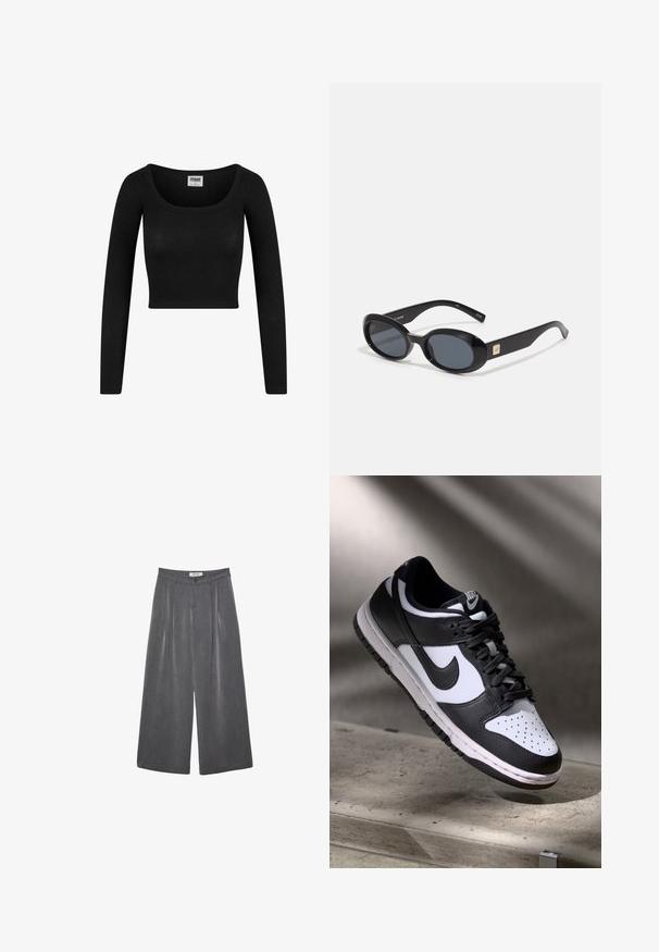 Crni dugi rukavi skraćeni top s okruglim izrezom, izrađen od rebraste tkanine. Ima prilagođeni kroj i mekanu teksturu.; Dugi hlače širokog kroja s plitkim naborima u tamnosivoj tkanini s suptilnom teksturom. Sadrže zatvaranje na gumba i klasičan dizajn struka.; Crno-bijeli Nike Dunk Low tenisice s kožnim gornjištem, perforiranim prednjim dijelom, crnim vezicama, s bijelim đonom i logom.; Crne ovalne sunčane naočale s tamnim staklima, sjajnim plastičnim okvirom, širokim krakovima i malim zlatnim detaljem s jedne strane.