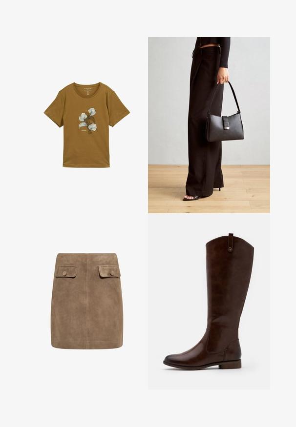 Brązowa koszulka krótki rękaw z okrągłym dekoltem i abstrakcyjnym białym oraz ciemnobrązowym wzorem kwiatowym na klatce piersiowej, oznaczona "Tom Tailor."; Brązowa zamszowa mini spódnica o gładkiej fakturze, z dwiema przednimi kieszeniami na klapki oraz zapięciem na guziki po obu stronach. Prosty, prosty krój.; Brązowe botki za kolano wykonane z gładkiej skóry, z zaokrąglonym noskiem, niskim, klejonym obcasem oraz subtelnym wzorem przeszyć po bokach.; Czarna torebka o usztywnionym kształcie, gładkiej fakturze i metalowym zapięciem. Połączona z szerokimi czarnymi spodniami i sandałami na otwartym palcu na drewnianej podłodze.