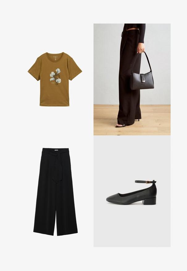 Brūna īsām piedurknēm T-kreklu ar apaļu kakla izgriezumu un abstraktām baltām un tumši brūnām ziedu dizainu krūtīs, ar uzrakstu "Tom Tailor."; Melni platleņķa bikses ar teksturētu audumu, elastīgu jostu un noņemamu siksnu viduklī, kas nodrošina regulējamu piegulšanu.; Melnas ādas sūkņi ar smailu purngalu un zemu bloku papēdi. Iezīmēts ar potītes siksniņu ar zelta krāsas sprādzi. Gluda tekstūra.; Melnā somiņa ar strukturētu formu, gludu tekstūru un metālu sprādzi. Saskaņota ar platām melnām biksēm un sandālēm ar atvērtu purngalu uz koka grīdas.