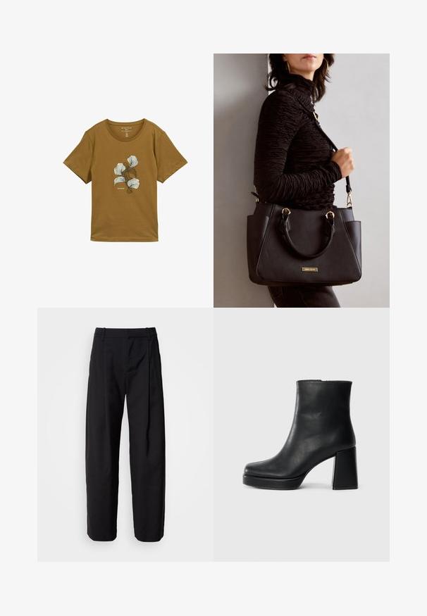 Smeđa majica kratkih rukava s okruglim izrezom i apstraktnim bijelim i tamnosmešnim cvjetnim uzorkom na prsima, označena "Tom Tailor."; Crne hlače s opuštenim krojem, nabranim prednjim dijelom i petljama za remen. Glatka tkanina i ravne nogavice, s bočnim džepovima.; Crna kožna čizma do gležnja s blok petom i platformom, prikazana s bočne strane na jednostavnoj bijeloj pozadini.; Crna torba s teksturiranom površinom, dvostrukim gornjim ručkama i podesivom remenom za rame. Ima zlatne metalne detalje i bočne džepove.