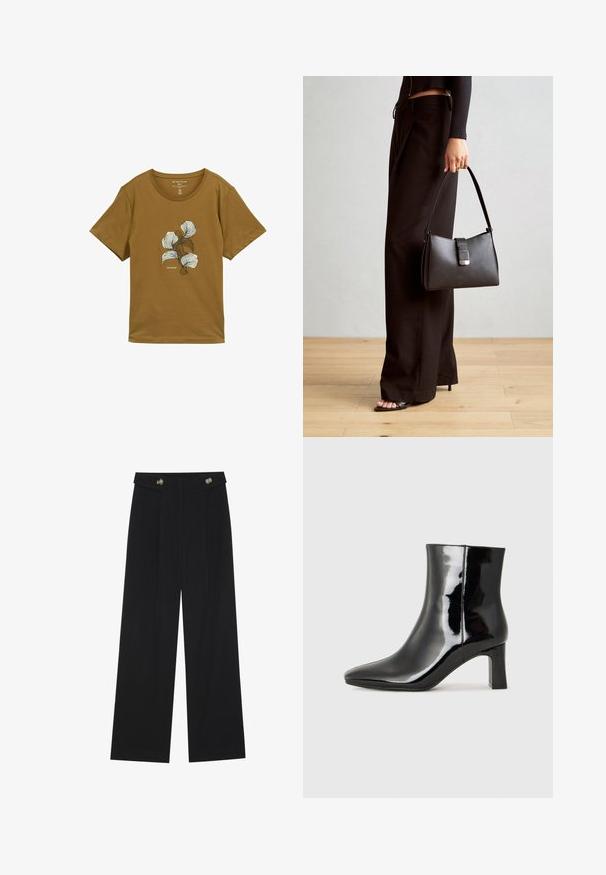 T-shirt marrone a maniche corte con scollo tondo e design floreale astratto in bianco e marrone scuro sul petto, etichettato "Tom Tailor."; Pantaloni neri a gamba larga con vita alta, dettagli con bottoni in vita e pieghe frontali.; Stivaletto in pelle verniciata nera con punta a punta e tacco a blocco di altezza media. Texture liscia e design minimalista.; Borsa nera con forma strutturata, texture liscia e una chiusura metallica. Abbinata a pantaloni neri larghi e sandali open-toe su un pavimento in legno.