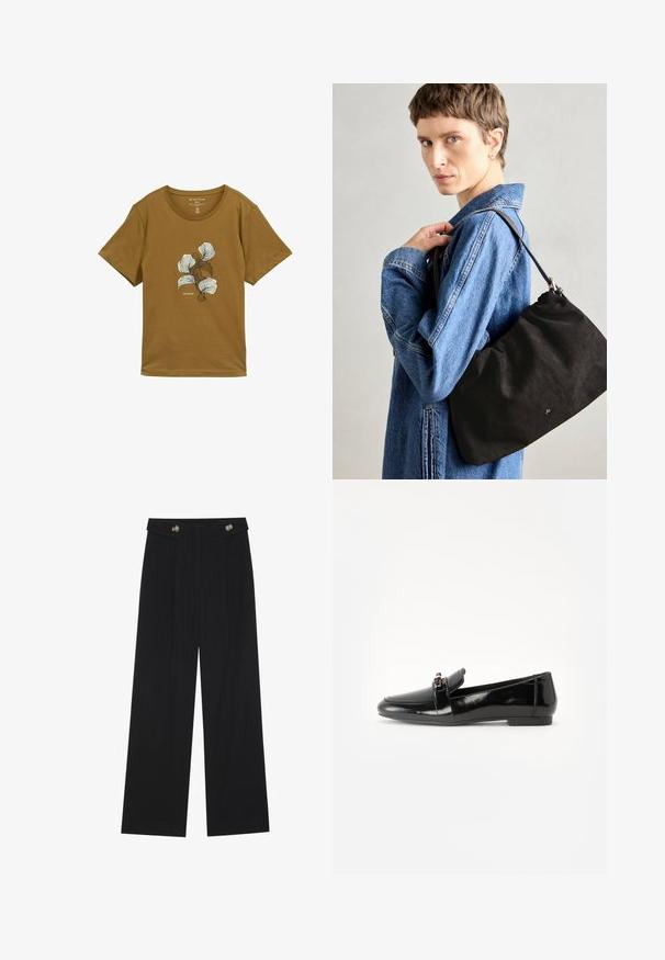 Barna, rövid ujjú póló kerek nyakkal, absztrakt fehér és sötétbarna virágmintával a mellrészen, "Tom Tailor" felirattal.; Fekete, bő szárú nadrág magas derékkal, gombos részletekkel a derékrészen és elülső pliszékkal.; Fekete lakkbőr loaferek lapos talppal, lekerekített orral és díszítő pánttal, amely aranyszínű kiegészítővel rendelkezik. Simára polírozott, fényes felület.; Fekete velúr kézitáska, puha, struktúrált formával, vékony bőr vállpánttal és diszkrét márkalogóval. A modellen farmere dzseki van.