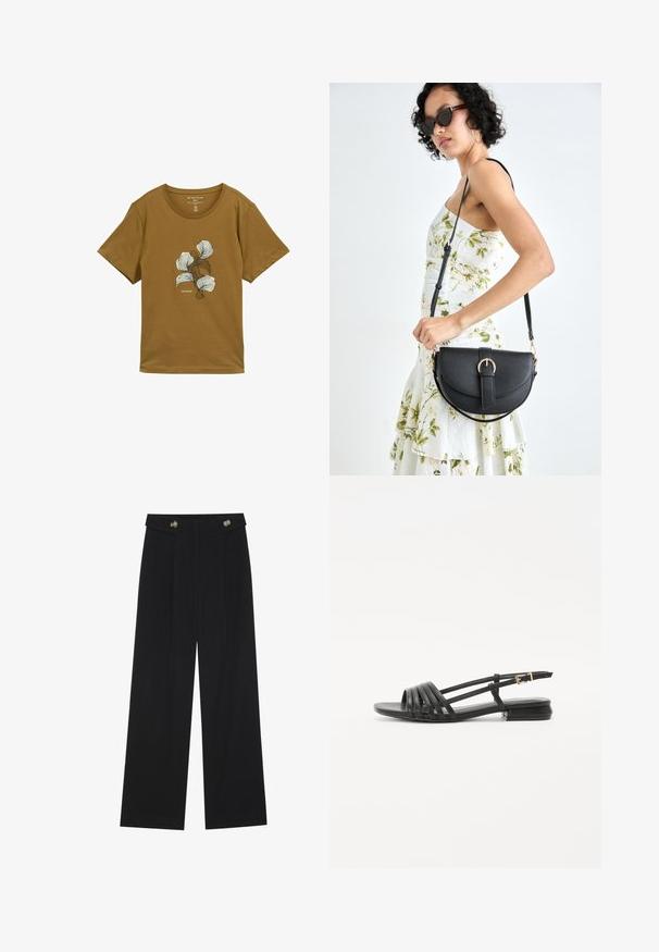 Ruskea lyhythihainen T-paita pyöreällä kauluksella, jossa on abstrakti valkoinen ja tummanruskea kukkakuva rinnan kohdalla, merkitty "Tom Tailor".; Mustat leveälahkeiset housut, joissa on korkea vyötärö, napit vyötärönauhassa ja etupuolella laskokset.; Musta litteä sandaalit, joissa on hihnattu muotoilu, sisältäen useita nahkahihnoja ja kapean nilkkasoljen. Pohja on litteä ja suorakulmainen.; Musta nahkainen käsilaukku, joka on kaareva muotoilultaan, irrotettavalla hihnalla ja kultaisilla yksityiskohdilla. Laukussa on läppä, jossa on solk yksityiskohta.