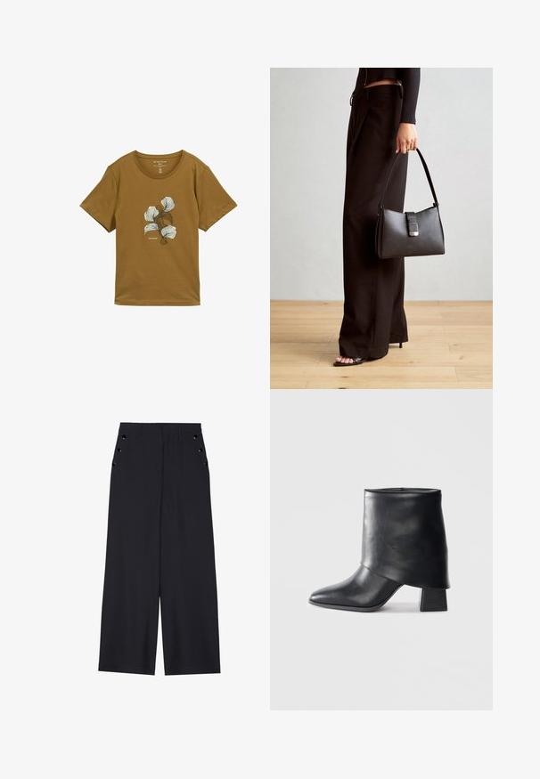 Brun kortärmad T-shirt med rund hals och abstrakt vitt och mörkbrunt blommönster på bröstet, märkt "Tom Tailor."; Breda byxor i mörkblått tyg med en slät yta, framfickor med veck och dekorativa öljett i guldton på sidofickorna.; Svart läder ankelboot med spetsig tå, slät textur och en strukturerad blockklack. Har en hög, vikbar krage.; Svart handväska med strukturerad form, slät yta och metallspänne. Matchad med vida svarta byxor och sandaler med öppen tå på trägolv.