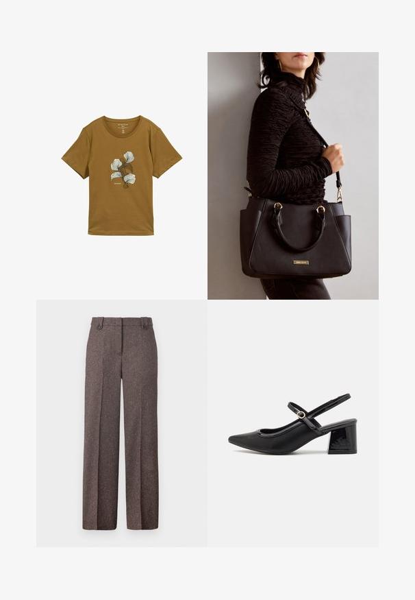 Smeđa majica kratkih rukava s okruglim izrezom i apstraktnim bijelim i tamnosmešnim cvjetnim uzorkom na prsima, označena "Tom Tailor."; Smeđe hlače širokog kroja izrađene od teksturirane tkanine. Imaju dva prednja džepa i prilagođeni kroj s dva dugmeta na struku.; Crne lakirane slingback visoke potpetice s šiljastim vrhom, zaobljenim izrezom i blok potpeticom. Sadrži akcent zlatnog tona s kopčom.; Crna torba s teksturiranom površinom, dvostrukim gornjim ručkama i podesivom remenom za rame. Ima zlatne metalne detalje i bočne džepove.