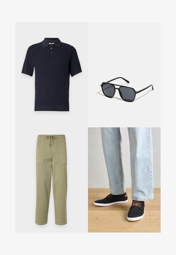 Tamsiai mėlyna trumparankovė polo marškinėliai su tekstūruotu raštu, apykakle ir trimis mygtukais. Ribo apatinis kraštas ir rankogaliai pagerina formą ir prigludimą.; Šviesiai alyvuogių žalios spalvos kelnės, pagamintos iš medvilnės mišinio, su elastingu liemeniu ir raišteliu, bei dviem didelėmis šoninėmis kišenėmis.; Juodi drobės sportbačiai su rudos spalvos akcentais, baltais gumos padu, rudi raišteliai, derinami su šviesiai mėlynomis tiesiomis džinsinėmis kelnėmis. Medinis grindų fonas.; Juodos akiniai nuo saulės su aštuonkampiu rėmeliu, tamsiais objektyvais, blizgiu paviršiumi, plonomis šakutėmis ir auksinėmis akcentais priekyje.