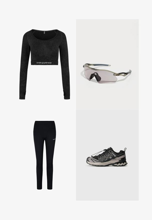 Black long-sleeve crop top made of soft material. Features a rounded neckline and textured accents along the sleeves. Logo displayed at the hem.; Black leggings made of stretch fabric, featuring a high waistband and a small logo on the left thigh, designed for comfort and mobility.; Black and gray athletic shoe with mesh upper, rubber sole, and elastic lace system. Features a reinforced toe and textured accents.; Sunglasses with a translucent gray frame, tinted lenses, and angular design. Features a distinctive nose piece and textured dark gray temple arms.