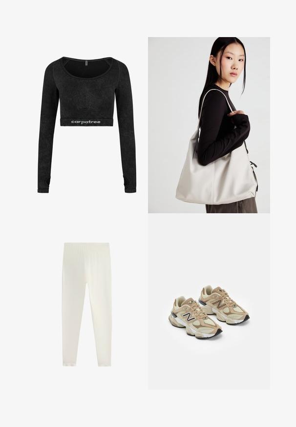 Čierny dlhý rukáv cropped top vyrobený z mäkkého materiálu. Má zaoblený výstrih a štruktúrované akcenty pozdĺž rukávov. Logo umiestnené na leme.; Biele legíny vyrobené z ľahkej, elastickej látky. Majú široký, mäkký pás a priliehavé, hladké nohy bez viditeľných švov.; Béžové tenisky s kombináciou sieťoviny a semišu. Obsahujú čierne logo a štruktúrované akcenty. Hladká biela medzipodrážka a čierna gumová podrážka.; Béžová kabelka vyrobená z mäkkého materiálu, s uvoľneným dizajnom, prišitými detailmi a dvoma popruhmi na nosenie na pleciach. Vhodná na každodenné nosenie.