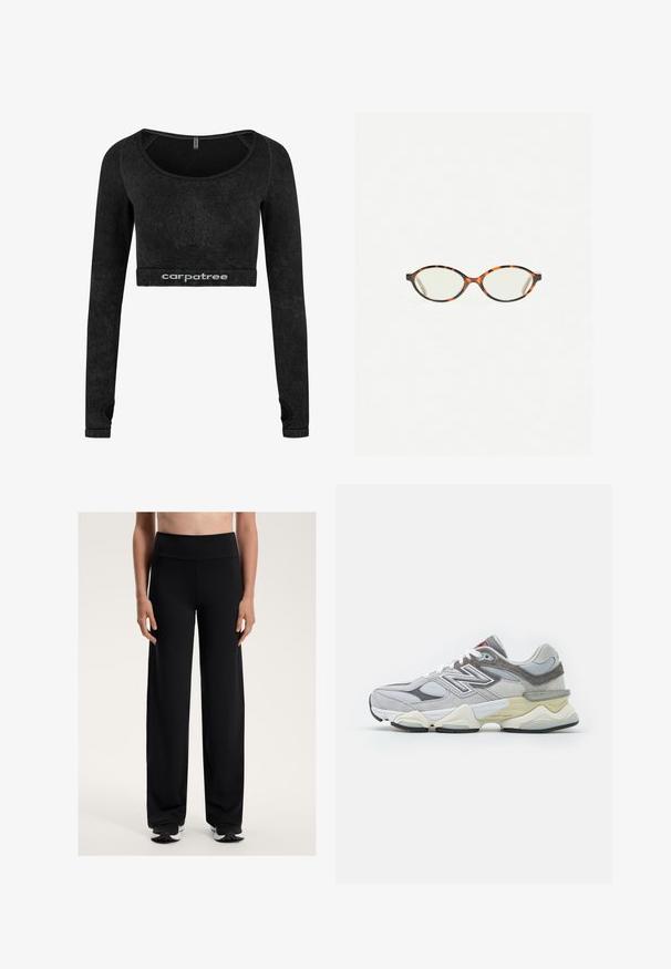 Zwarte langmouw crop top van zacht materiaal. Heeft een ronde halslijn en textuurelementen langs de mouwen. Logo weergegeven aan de zoom.; Zwarte zware sportbroek met een hoge tailleband. Gemaakt van glad, rekbaar materiaal, met een comfortabele pasvorm en een subtiele textuur.; Grijze suède en mesh sneaker met een dikke witte en beige zool, voorzien van een prominente witte logo en rode accentdetails.; Kattenoogbril met ovale lenzen en een strakke, gladde afwerking. Heeft dunne zijkanten met een subtiele kromming bij de slapen. Transparante lenzen.; Rode bandana-sjaal van katoen, met witte paisley- en stippenpatronen, in een driehoekige vorm en met een label in de rechter benedenhoek.