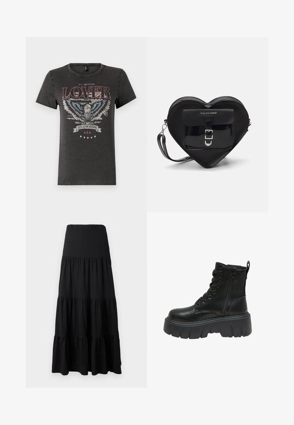 Hallhallane puuvillane t-särk, millel on kotka graafika siniste tiibadega, punane tekst "ALL AMERICAN LOVER" ja bänner, millel on kirjutatud "SETTLE FOR NOTHING."; Mustmustel mustriba, mis on valmistatud pehmest kangast, omab kihtide disaini elastse vöökoha ja volangiliste aktsentidega hemars. ; Must musta pritsiga nahast ankle saapad, paksu tallaga, mis on varustatud lukkude ja küljetõmblustega, et neid oleks lihtne jalga panna. Tekstuuriga detailid tallal.; Mustast südamekujulise kotiga, mis on valmistatud lakitud nahast. Ees on tasku, millel on klambri sulgemine ja eemaldatav rihm. Hõbedased detailid.