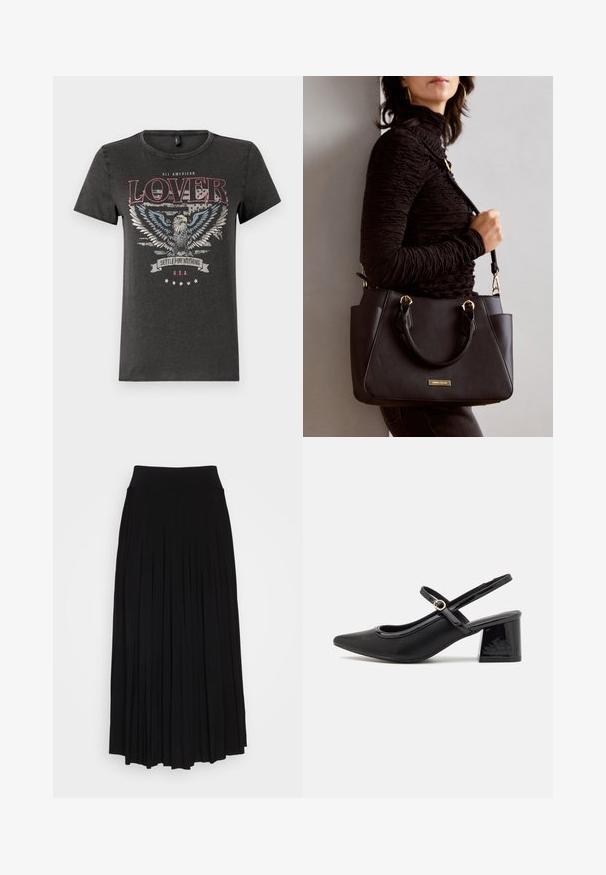 Camiseta de algodón gris con un gráfico de un águila con alas azules, texto rojo que dice "AMANTE TOTALMENTE AMERICANO" y una pancarta que dice "NO TE CONFORMES CON NADA".; Falda negra con plisados y una cinturilla alta y elástica. Fabricada en una tela suave, presenta plisados verticales que crean una silueta fluida.; Tacones slingback de charol negro con punta afilada, un diseño de corte redondeado y tacón bloque. Incluye un detalle de hebilla en tono dorado.; Bolso negro con superficie texturizada, doble asa superior y correa para hombro ajustable. Presenta herrajes en tono dorado y bolsillos laterales.