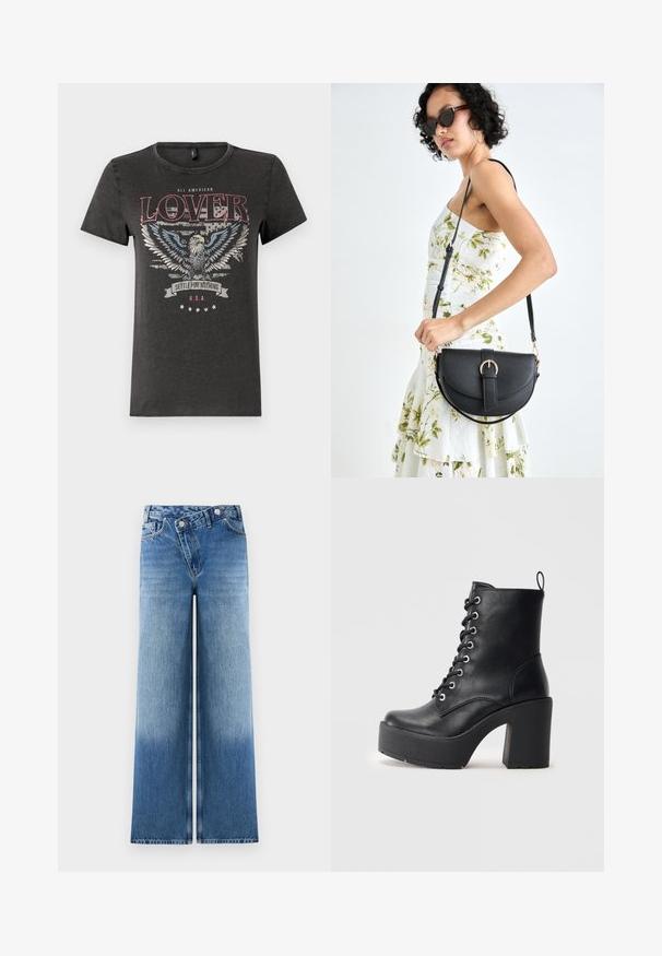 Gray cotton t-shirt featuring an eagle graphic with blue wings, red text reading "ALL AMERICAN LOVER," and a banner with "SETTLE FOR NOTHING."; Light blue wide-leg jeans with a faded wash, featuring a classic five-pocket design and metal button accents at the waist.; Black leather ankle boot with a chunky block heel, lace-up front, and textured surface. Features a tab on the back for easy wear.; Black leather handbag with a curved shape, detachable strap, and gold hardware. The bag features a flap with a buckle detail.