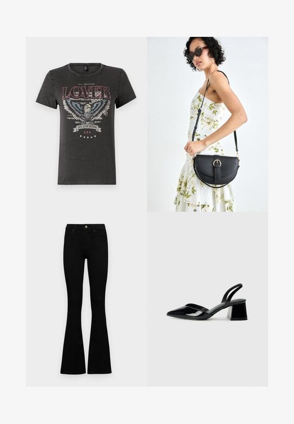 Graues Baumwoll-T-Shirt mit einem Adler-Graphic mit blauen Flügeln, rotem Text "ALL AMERICAN LOVER" und einem Banner mit "SETTLE FOR NOTHING."; Schwarze hochtaillierte Jeans mit einem Knopf- und Reißverschluss, Fronttaschen und ausgestellten Beinen, flach auf einem weißen Hintergrund ausgelegt.; Schwarze Lackleder-Slingback-High Heels mit spitzem Schuh und einem geometrischen Blockabsatz. Verfügt über ein schlankes, minimalistisches Design und eine glatte Textur.; Schwarze Lederhandtasche mit geschwungener Form, abnehmbarem Tragegurt und goldenen Beschlägen. Die Tasche verfügt über einen Deckel mit einer Schnallen-Details.