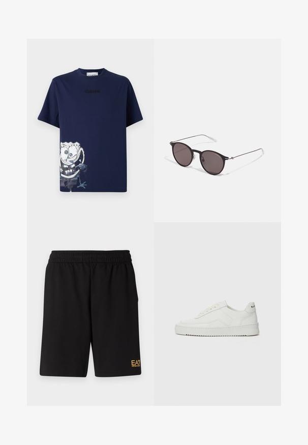 Námorně modré bavlněné tričko s grafickým potiskem kreslené postavičky na přední straně, s kulatým výstřihem a krátkými rukávy.; Černé sportovní šortky vyrobené z měkké látky, s elastickým pasem a malým žlutým logem EA7 na dolní části levé nohy.; Bílé kožené tenisky s hladkým povrchem, kulatou špičkou, plochými tkaničkami a texturovanou podrážkou. Na patě se nachází nenápadné logo.; Černé kulaté sluneční brýle s tmavými skly a tenkými kovovými nohami. Obsahují průhledné koncovky nožiček a stříbrné akcenty na pantu. Minimalistický design.