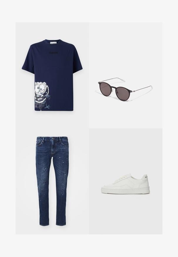 Tums zilā kokvilnas T-krekls ar grafisku zīmējumu ar karikatūras varoni uz priekšpuses, ar apaļu kakla izgriezumu un īsām piedurknēm.; Tumši zilo denima džinsi ar šauru piegriezumu, kas rotāti ar krāsas traipiem, redzamām šuvēm un standarta piecu kabatu dizainu. Taisnas kājas piegriezums.; Baltas ādas sneakers ar gludu virsmu, apaļu pirkstu daļu, plakaniem šņorēm un teksturētu zoli. Satur diskrētu logotipu uz papēža.; Melni apaļi saulesbrilles ar tumšiem lēca un plānām metāla stangām. Iekļautas caurspīdīgas tempļu galviņas un sudraba akcenti pie eņģes. Minimalistisks dizains.