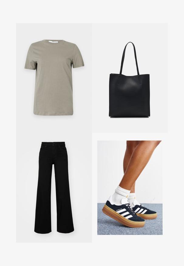 T-shirt kaki a maniche corte realizzato in tessuto morbido. Collo a giro senza elastico; orlo dritto. Design minimalista senza motivi o dettagli visibili.; Pantaloni neri a gamba larga in denim, con una vita strutturata, passanti per la cintura e tasche frontali. Texture liscia con un design classico.; Sneakers in pelle scamosciata nera con strisce e dettagli bianchi, punta arrotondata, suola in gomma color gomme, abbinate a calzini bianchi a coste alla caviglia.; Borsa tote in pelle nera con texture liscia, forma rettangolare e due manici lunghi. Nessun hardware o decorazione visibile.