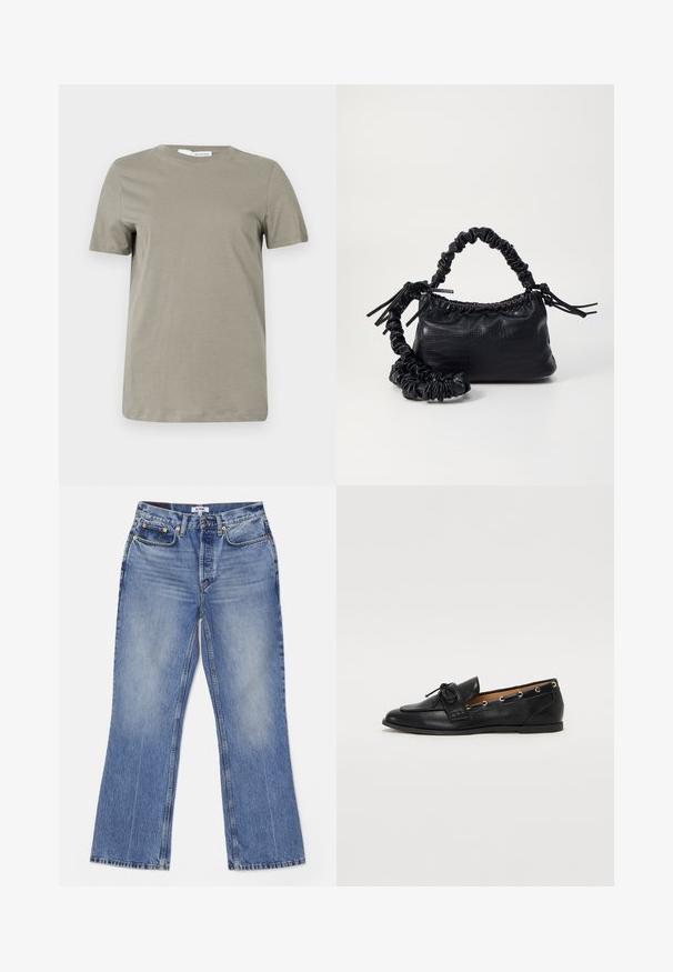 Tricou scurt din bumbac khaki, cu mâneci scurte, fabricat dintr-un material moale. Guler rotund; tiv drept. Design minimalist, fără modele sau accente vizibile.; RE/DONE LOOSE - Blugi bootcut - hacienda; Mocasini din piele neagră cu fundiță legată, având accente aurii sub formă de ochiuri pe laterale și o talpă plată din cauciuc. Textură netedă, design clasic.; Geantă din faux leather neagră cu textură de crocodil, cu partea superioară strânsă și o curea mototolită. Pare moale și compactă ca design.