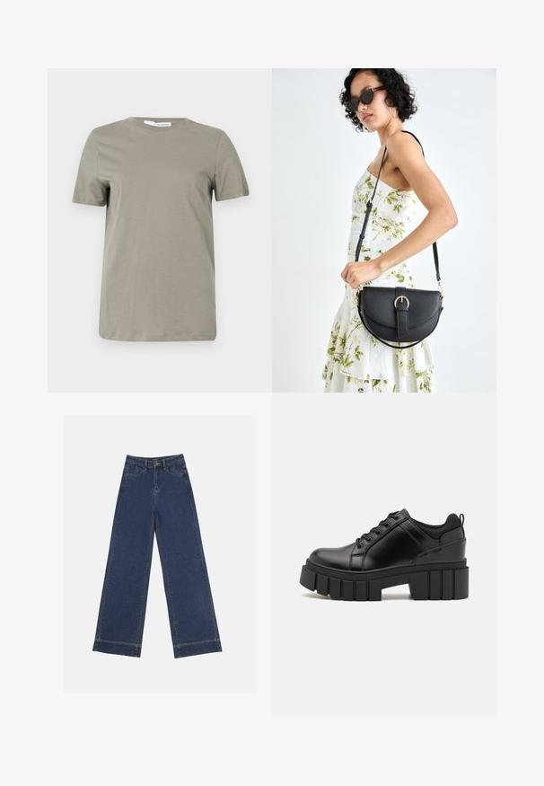 Khaki tričko s krátkym rukávom z mäkkého materiálu. Okrúhly výstrih; rovný lem. Minimalistický dizajn bez viditeľných vzorov či akcentov.; Džínsy s širokými nohavicami v tmavomodrom denime. Majú päť vreciek, pútka na opasok a surový spodný lem s viditeľnými švy.; Čierne kožené platformy s masívnym blokovým podpätkom, okrúhlou špičkou a tradičným šnurovaním. Má hladký povrch a minimálne detaily.; Čierna kožená kabelka s zaobleným tvarom, odnímateľným popruhom a zlatými doplnkami. Kabelka má klopu s detailom s prackou.