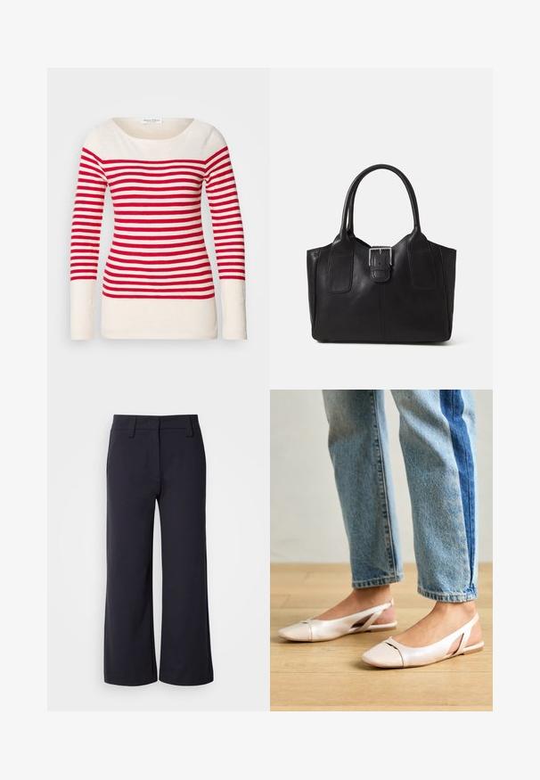 Camisola de manga longa às riscas vermelha e branca com um decote amplo e design justo, feita de um tecido suave e leve.; Calças largas de tecido azul marinho escuro. Apresentam uma frente lisa, passantes para cinto e bolsos laterais. O material é suave com um ligeiro alongamento.; Sapatilhas slingback de cor rosa pálido com bico fino, feitas de um material semelhante a couro liso. Apresentam detalhes recortados nas laterais e um salto plano.; Bolsa tote de couro preta com textura suave, forma estruturada, duas alças e um destaque prateado proeminente na parte da frente.