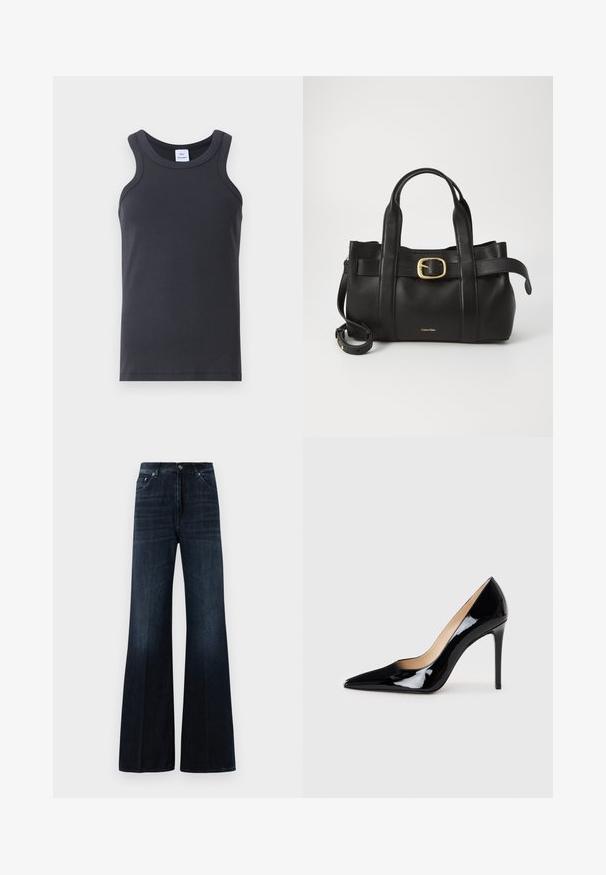 Canotta nera a costine con scollatura rotonda, spalline larghe e una texture liscia. Include un'etichetta alla scollatura.; Jeans wide-leg a vita alta di colore blu scuro, con tasche frontali, passanti per cintura e chiusura con bottoni e zip.; Décolleté in pelle verniciata nera con design a punta e silhouette elegante. Presenta una finitura liscia e lucida e un tacco a stiletto sottile.; Borsa a mano in pelle nera con un design strutturato, doppie maniglie superiori, accentuazione in metallo dorato e logo del marchio in rilievo sul davanti.