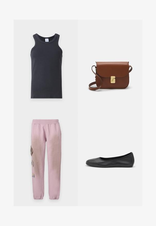 Black ribbed tank top featuring a round neckline, wide shoulder straps, and a smooth texture. Includes a label at the neckline.; Pink sweatpants with an elastic waistband, featuring decorative patches in diamond shapes on the left side and elastic cuffs at the ankles.; Black leather ballet flat with a rounded toe, smooth texture, minimal stitching detail, and a flexible sole design.; Brown leather handbag with a flap closure, gold-tone hardware, a shoulder strap, and a smooth texture. Compact rectangular shape.