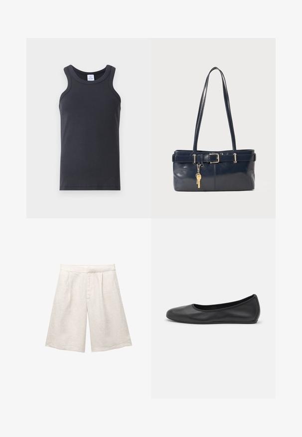 Zwarte geribbelde tanktop met een ronde halslijn, brede schouderbanden en een gladde textuur. Inclusief een label bij de halslijn.; Beige linnen shorts met een wijd model, voorzien van voorplooien en een gladde tailleband. De stof heeft een licht gestructureerde afwerking.; Zwarte leren ballerina met een ronde neus, gladde textuur, minimale stikdetails en een flexibele zoolontwerp.; Marine leren handtas met twee lange hengsels, een gespdetail en een sleutelhanger eraan bevestigd. Heeft een gladde textuur en een rechthoekige vorm.