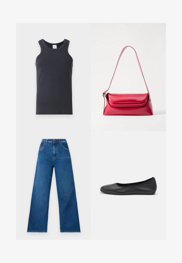 Zwarte geribbelde tanktop met een ronde halslijn, brede schouderbanden en een gladde textuur. Inclusief een label bij de halslijn.; Brede pijpen jeans in donkerblauwe denim met een hoge taille, voorzien van voor- en achterzakken, en contrasterende stikseldetails.; Zwarte leren ballerina met een ronde neus, gladde textuur, minimale stikdetails en een flexibele zoolontwerp.; Rode leren handtas met een gestructureerde vorm, gladde textuur en een enkele verstelbare schouderband. Voorzien van een afgeronde klepsluiting.