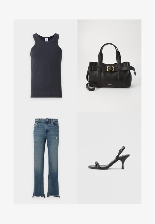 Black ribbed tank top featuring a round neckline, wide shoulder straps, and a smooth texture. Includes a label at the neckline.; Blue denim jeans with slight distressing, raw frayed hems, front pockets, belt loops, and a button closure.; Black leather high-heeled sandals with a slim, curved heel and a crossed strap design. Adjustable ankle strap. Smooth texture.; Black leather handbag featuring a structured design, dual top handles, gold-tone buckle accent, and embossed brand logo at the front.