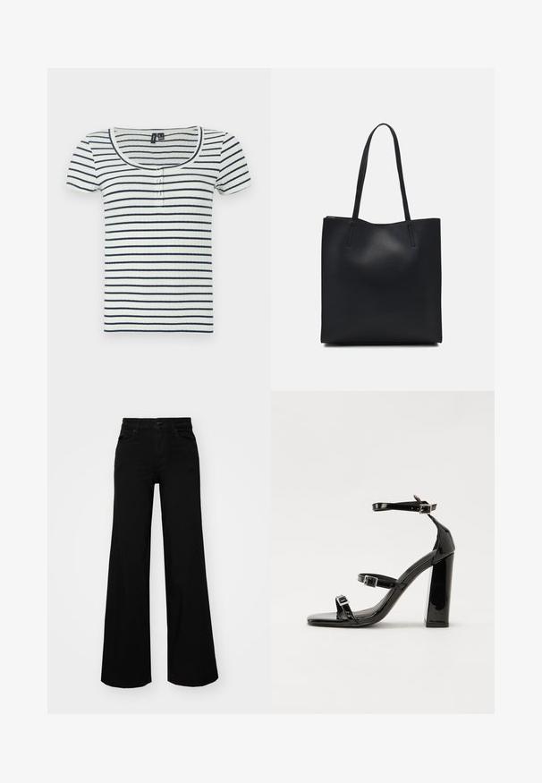 Hladký top s krátkym rukávom a okrúhlym výstrihom, zdobený vodorovnými námořníckymi a bielymi pruhmi a tromi gombíkmi vpredu.; Čierne široké nohavice z denimu s pevným pásom, pútkami na opasok a prednými vreckami. Hladká štruktúra s klasickým dizajnom.; Čierne lakované sandále na podpätku so štvorcovou špičkou, navlečenými remienkami okolo členku a striebornými prackami. Disponujú masívnym blokovým podpätkom pre stabilitu.; Čierna kožená taška na rameno s hladkým povrchom, obdĺžnikovým tvarom a dvoma dlhými uchami. Bez viditeľného kovania alebo ozdôb.