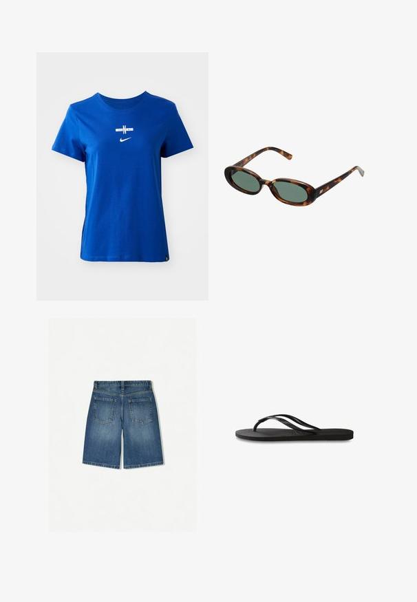 Modrá bavlněná tričko s kulatým výstřihem, krátkými rukávy a bílým logem Nike společně s textem "ENG" na přední straně.; Džínové šortky ve středně modré barvě s volným střihem, obsahující dvě zadní kapsy a čistý, rovný lem. Klasický design s pěti kapsami.; Černé žabky s texturovanou gumovou podrážkou, dvěma štíhlými popruhy a jemným, embosovaným logem na popruhu.; Sluneční brýle ve hmotě želvoviny s oválnými obroučkami a zelenými čočkami. Mají tenké stranice s metalickým akcentem u závěsů.