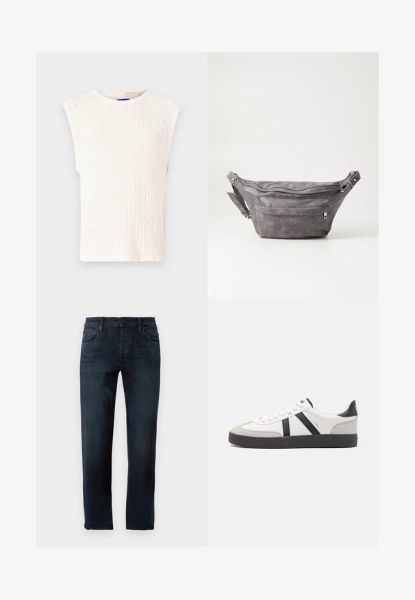 Witte mouwloze top met een getextureerd ruitpatroon en geribbelde halslijn en randen. Gewone pasvorm, lichte gebreide stof.; Donkerblauwe jeans, gemaakt van denim stof, met een rechte pijpdesign, een sluiting met een knop en rits aan de voorkant, en vijf zakken.; Witte sneaker met zwarte en grijze accenten, voorzien van een grijze neus met textuur, zwarte rubberen zool en platte witte veters. Schoon ontwerp, minimalistische stijl.; Grijze suède heuptas met een ronde vorm, twee met rits afgesloten compartimenten en een verstelbare band. Voorzien van metalen accenten.