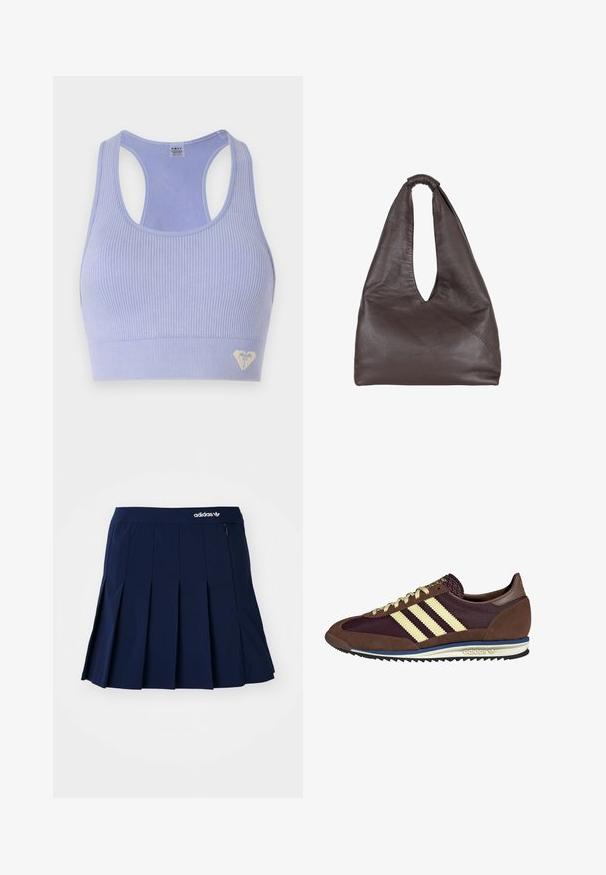 Light purple ribbed sports bra with a scoop neck and racerback design, featuring a small heart logo in the lower corner.; Navy pleated skirt made of lightweight fabric; features an elastic waistband and a small zip pocket, with a white Adidas logo on the front.; Brown and burgundy sneaker with suede and mesh materials, featuring three cream stripes, textured fabric on the tongue, and a rubber sole.; Brown leather bag with a slouchy, oversized design. Features a loop handle and a deep V-cut opening for easy access. Soft texture, minimalist style.