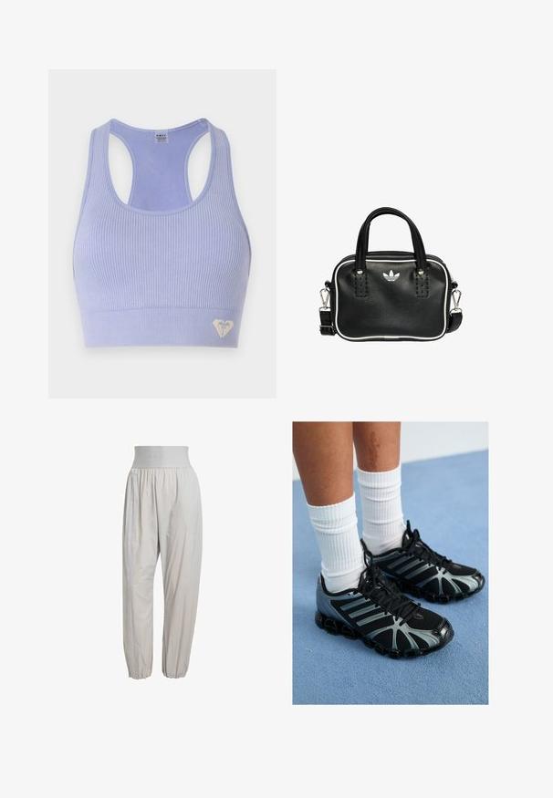 Light purple ribbed sports bra with a scoop neck and racerback design, featuring a small heart logo in the lower corner.; Light gray, lightweight pants with an elastic waistband, gathered cuffs, and side seams featuring a subtle texture along the length.; Black athletic shoes with gray accents and mesh panels, featuring a textured sole and black laces, paired with white ribbed socks.; Black leather handbag with two short handles, silver hardware, white accents, and a white logo. Features a textured surface and compact design.