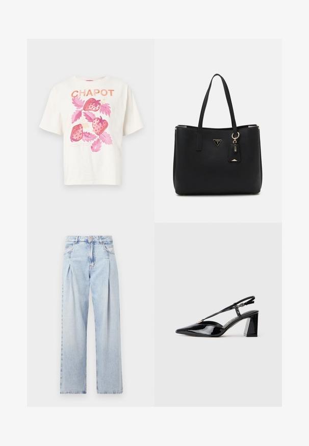 Oversized white cotton t-shirt featuring a pink strawberry print with green leaves and the word "CHAPOT" in orange lettering above the design.; Light blue denim jeans with a high waist, wide-leg cut, two side pockets, and pleated design feature. Soft texture with a faded finish.; Black patent leather slingback high-heeled shoes with a pointed toe, adjustable strap, and chunky rectangular heel.; Black tote bag made of textured synthetic material, featuring two handles, a gold logo plaque, and a small tag with an accent detail.
