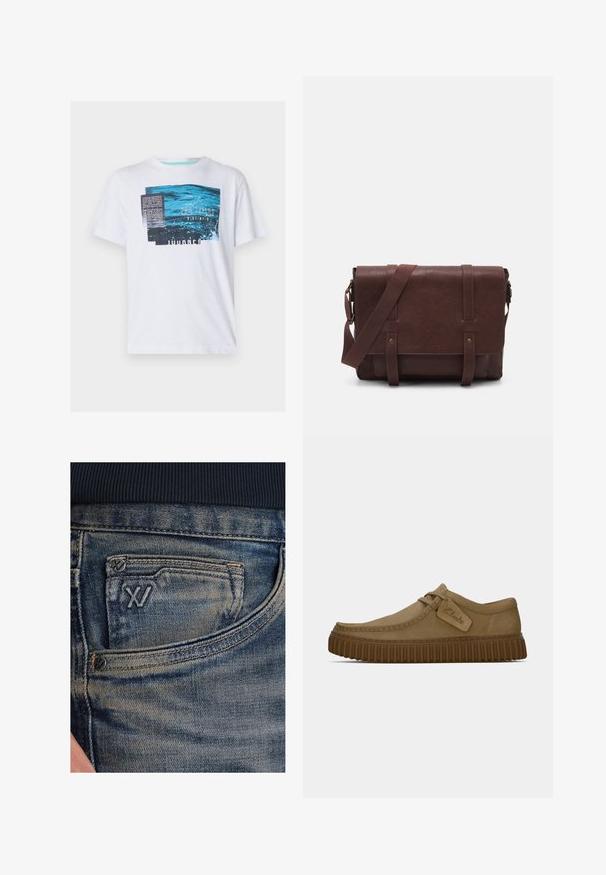 T-shirt bianco a maniche corte con un design grafico blu e testo, un motivo tessurizzato e scollo rotondo, realizzato in cotone leggero.; Jeans di denim blu con una trama sbiadita, dotati di una tasca portamonete e un accento di logo nero sulla parte anteriore. La vita è in tessuto a coste blu scuro.; Scarpe in suede marrone chiaro con punta arrotondata, dettagli cuciti e suola in gomma marrone a righe. Presentano un'etichetta laterale con il logo "Clarks".; Borsa a tracolla in pelle marrone con un davanti piatto, due cinghie, dettagli in metallo dorato e una tracolla regolabile.