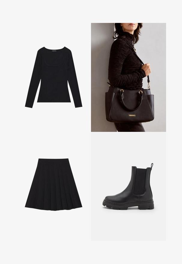 Crna majica dugih rukava s rebrastim uzorkom, koja ima kvadratni izrez i prilagođeni oblik. Sadrži oznaku "ANNA FIELD."; Crna plisirana suknja izrađena od teksturiranog materijala s uskim strukom. Pada do koljena, a ima glatku, čistu siluetu.; Crne kožne gležnjače s elastičnim bočnim panelima, zaobljenim prstima i strukturiranom gumenom potplatom. Imaju petlju straga za lakše oblačenje.; Crna torba s teksturiranom površinom, dvostrukim gornjim ručkama i podesivom remenom za rame. Ima zlatne metalne detalje i bočne džepove.