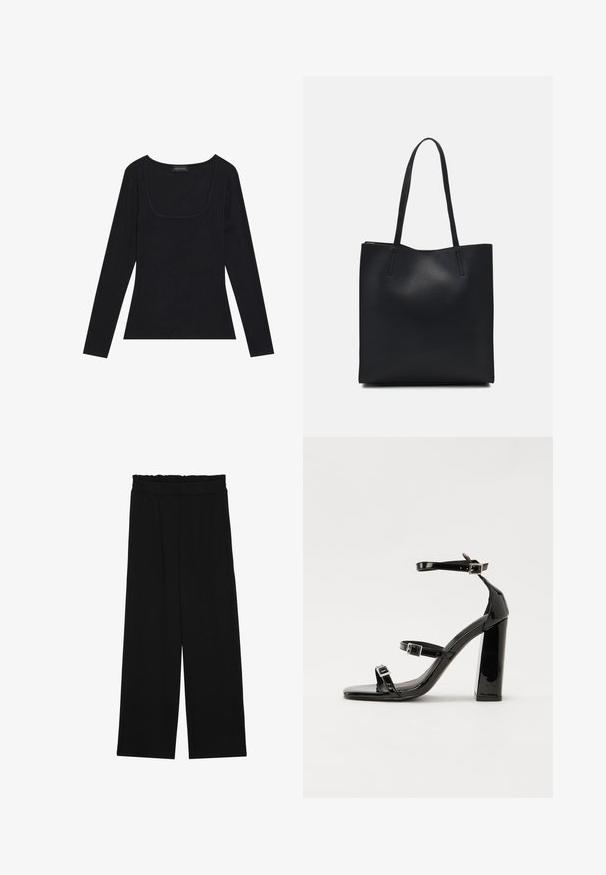 Black long-sleeve top with a ribbed texture, featuring a squared neckline and fitted shape. It includes a label reading "ANNA FIELD."; Black wide-leg trousers with a ruffled waistband, featuring two side pockets and a smooth, lightweight fabric. No visible patterns or hardware.; Black patent heeled sandals with a square toe, ankle straps, and silver buckles. Features a chunky block heel for stability.; Black leather tote bag with smooth texture, rectangular shape, and two long handles. No visible hardware or embellishments.