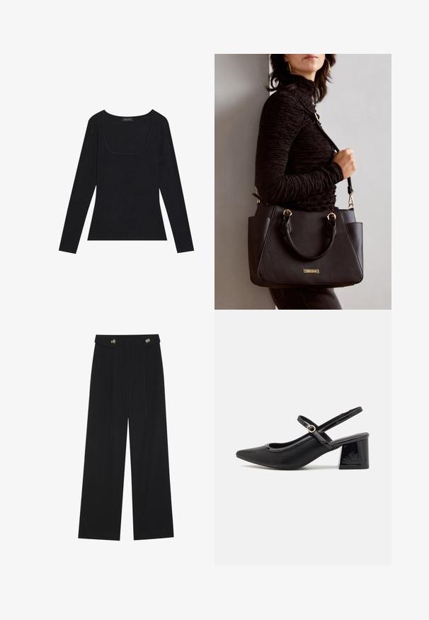 Schwarzes Langarmoberteil mit geripptem Textur, das über einen eckigen Ausschnitt und eine figurbetonte Passform verfügt. Es hat ein Etikett mit der Aufschrift "ANNA FIELD."; Schwarze weite Hosen mit hoher Taille, Knopfdetails am Bund und vorderen Falten.; Schwarze Lackleder-Slingback-Absätze mit spitzer Zehenform, einem runden Ausschnitt-Design und einem Blockabsatz. Mit einem goldfarbenen Schnallenakzent.; Schwarze Handtasche mit strukturierten Oberflächen, doppelten Obergriffen und verstellbarem Schultergurt. Mit goldfarbener Hardware und Seitentaschen.